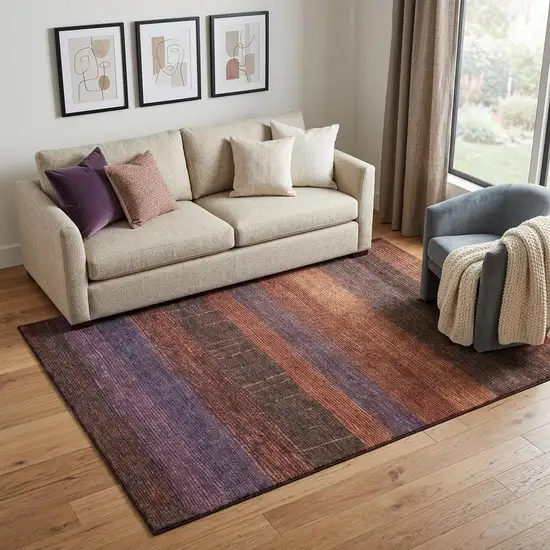 Rust Eggplant And Terra Cotta Striped Washable Area Rug With UV Protection Photo 1