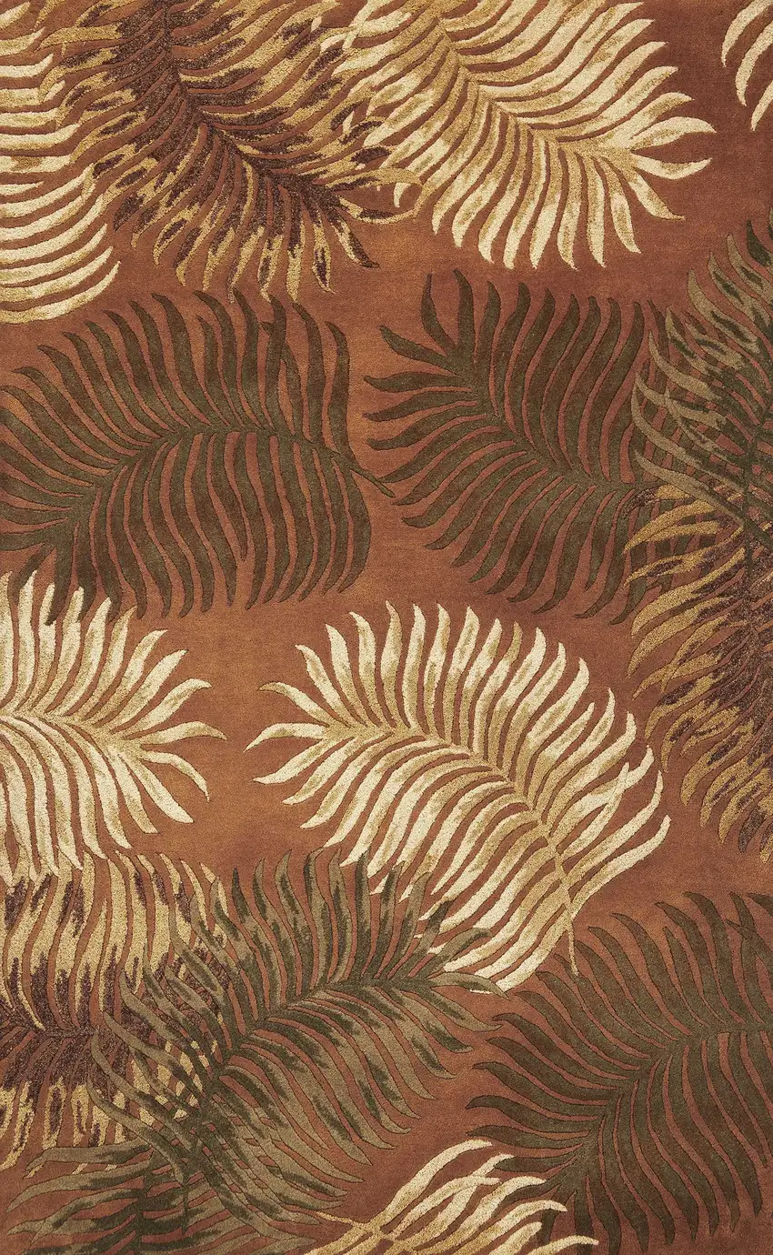 Rust Orange And Green Wool Botanical Leaves Hand Tufted Area Rug Photo 2
