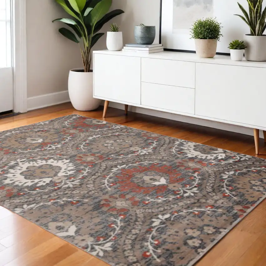 Rust Brown And Gray Floral Area Rug Photo 1