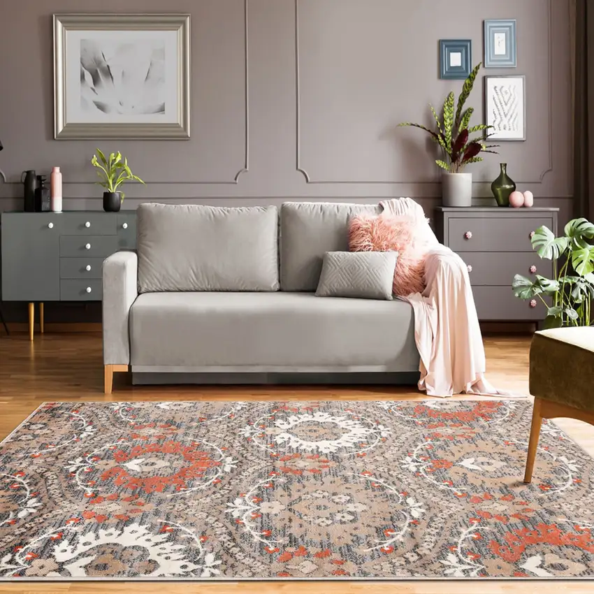 Rust Brown And Gray Floral Area Rug Photo 7