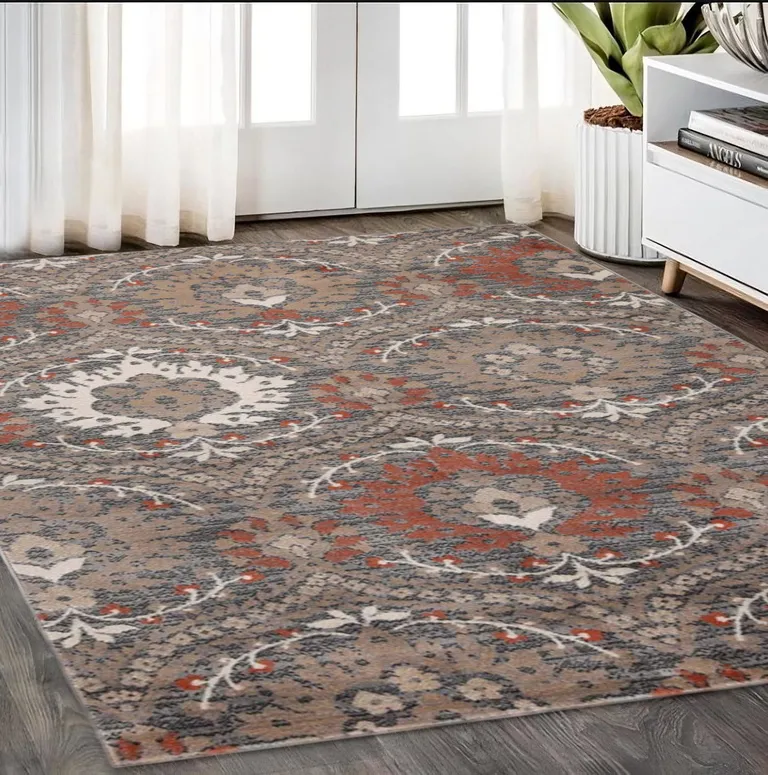 Rust Floral Stain Resistant Area Rug Photo 1