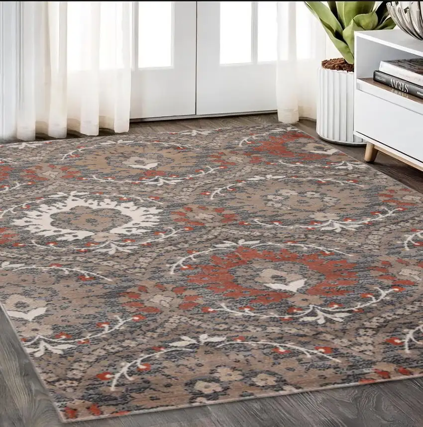 Rust Brown And Gray Floral Area Rug Photo 1