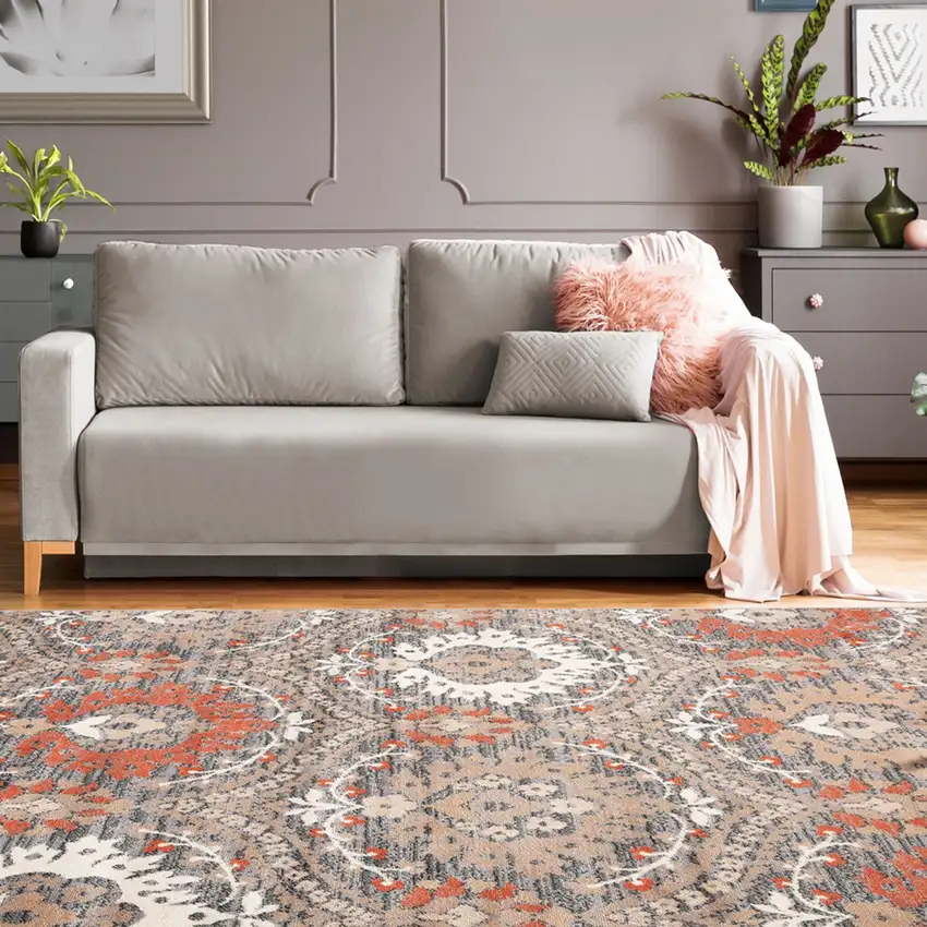 Rust Brown And Gray Floral Area Rug Photo 8
