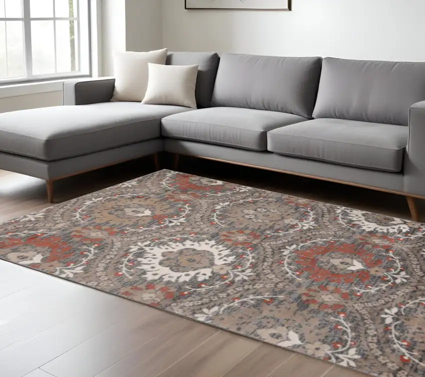 Rust Brown And Gray Floral Area Rug Photo 1