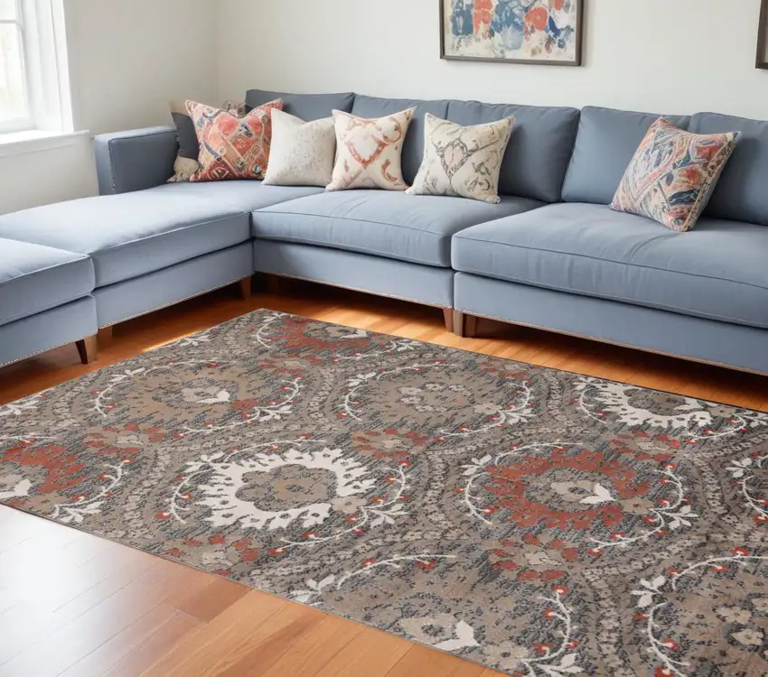 Rust Floral Stain Resistant Area Rug Photo 1