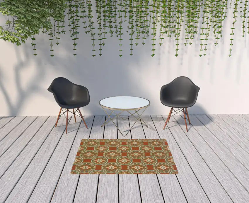 Rust Floral Stain Resistant Indoor Outdoor Area Rug Photo 2