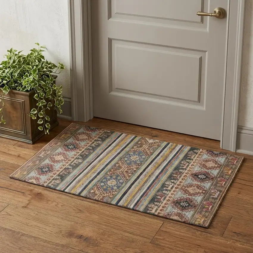 Rust Gold And Blue Medallion Washable Area Rug With UV Protection Photo 1