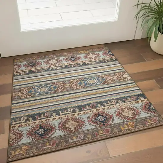 Rust Gold And Blue Medallion Washable Area Rug With UV Protection Photo 2