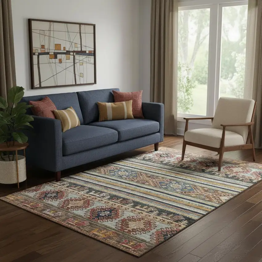 Rust Gold And Blue Medallion Washable Area Rug With UV Protection Photo 2