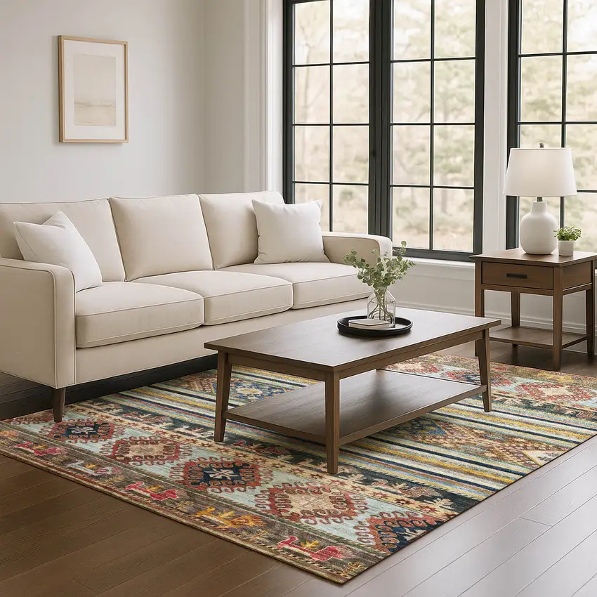 Rust Gold And Blue Medallion Washable Area Rug With UV Protection Photo 4