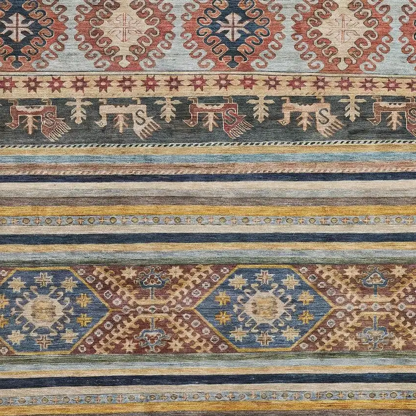 Rust Gold And Blue Medallion Washable Area Rug With UV Protection Photo 2