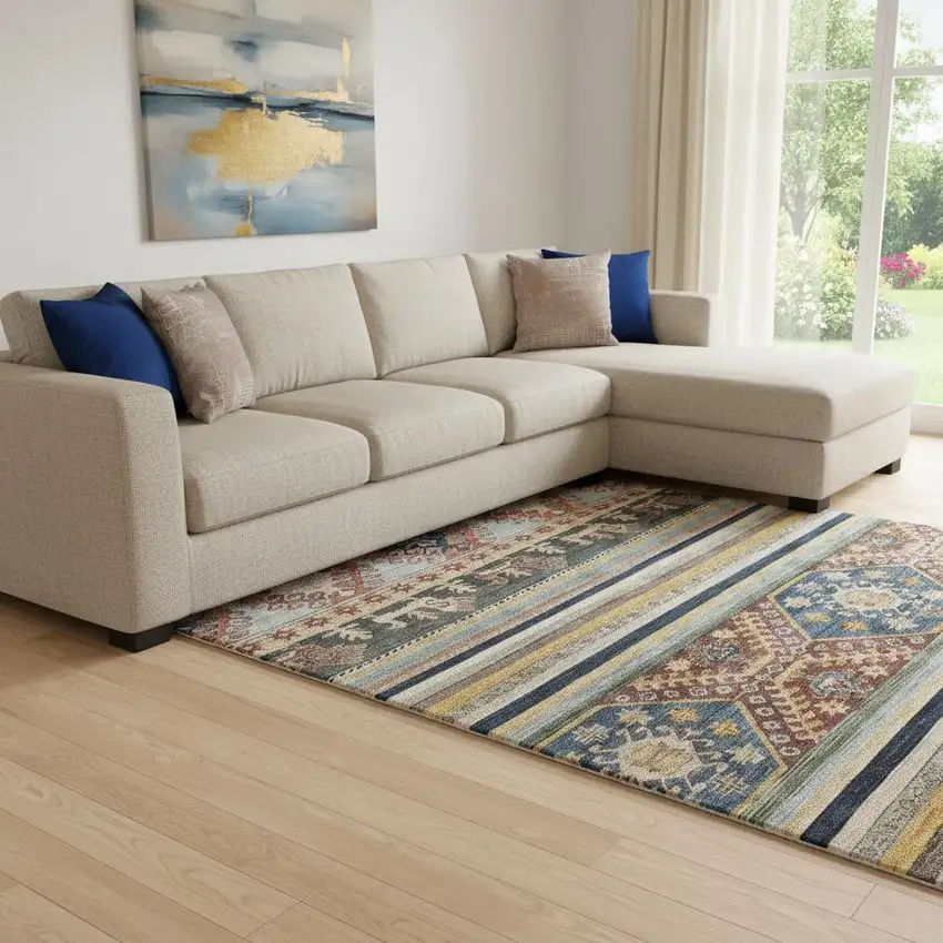 Rust Gold And Blue Medallion Washable Area Rug With UV Protection Photo 2