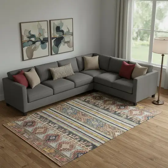 Rust Gold And Blue Medallion Washable Area Rug With UV Protection Photo 2