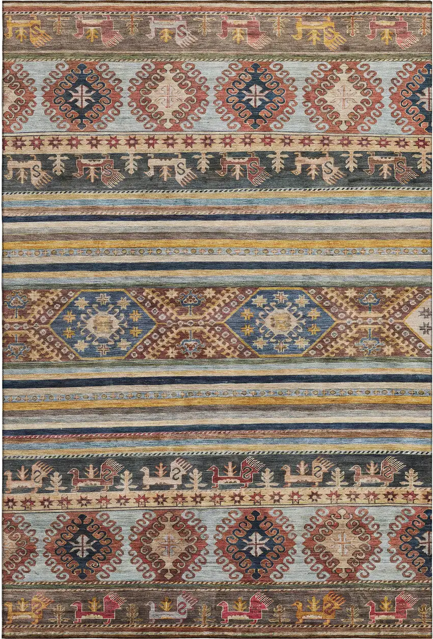 Rust Gold And Blue Medallion Washable Area Rug With UV Protection Photo 1