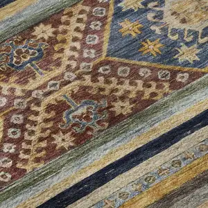 Photo of Rust Gold And Blue Medallion Washable Area Rug With UV Protection