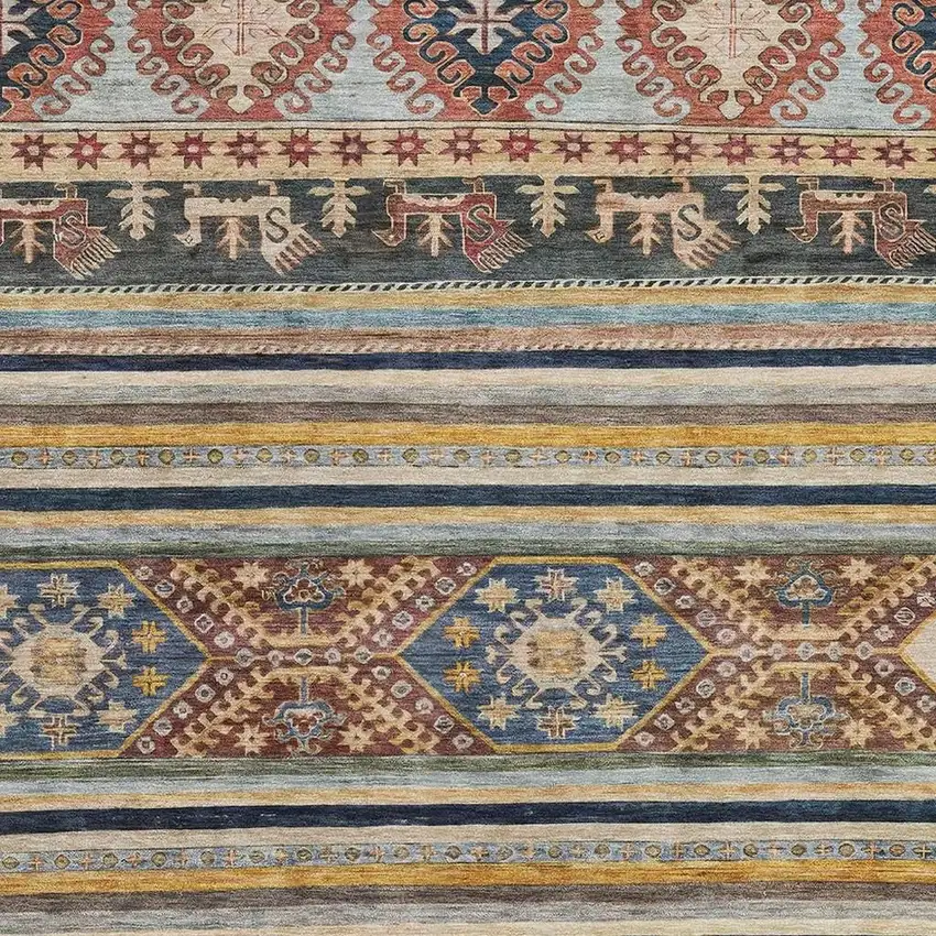 Rust Gold And Blue Medallion Washable Area Rug With UV Protection Photo 2