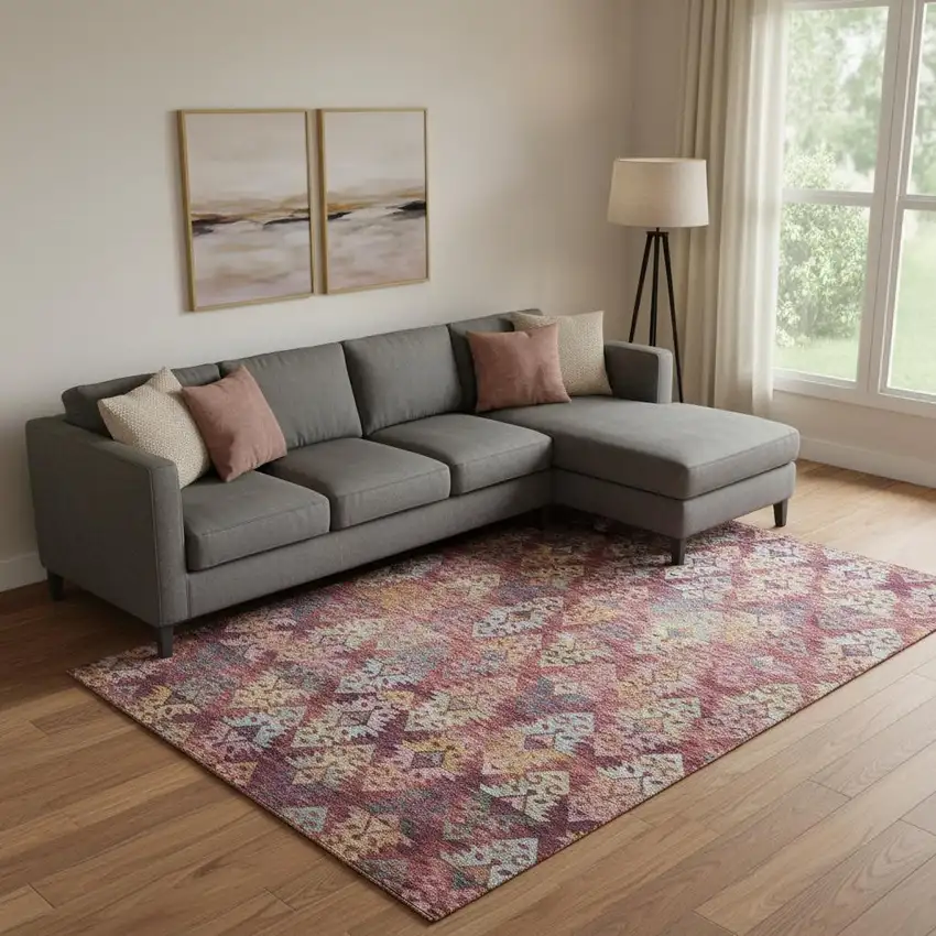 Rust Gold And Gray Ikat Washable Area Rug With UV Protection Photo 2