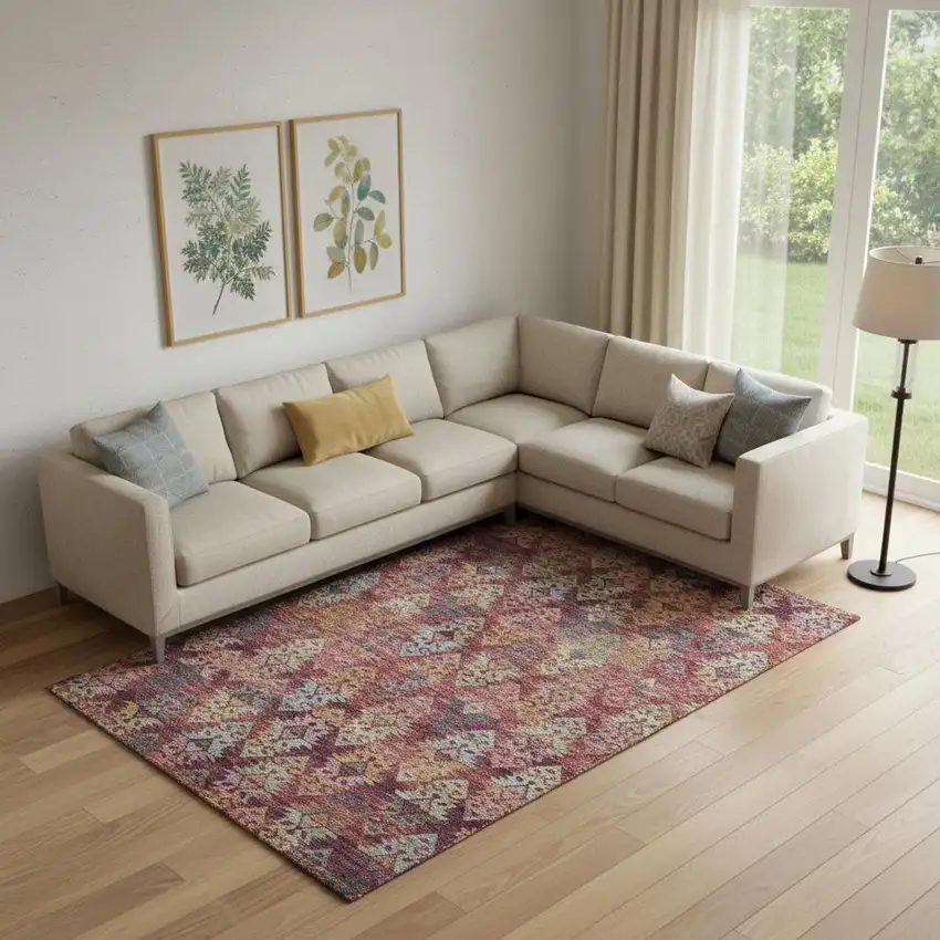 Rust Gold And Gray Ikat Washable Area Rug With UV Protection Photo 2