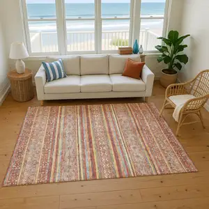 Photo of Rust Gold And Gray Striped Washable Area Rug With UV Protection