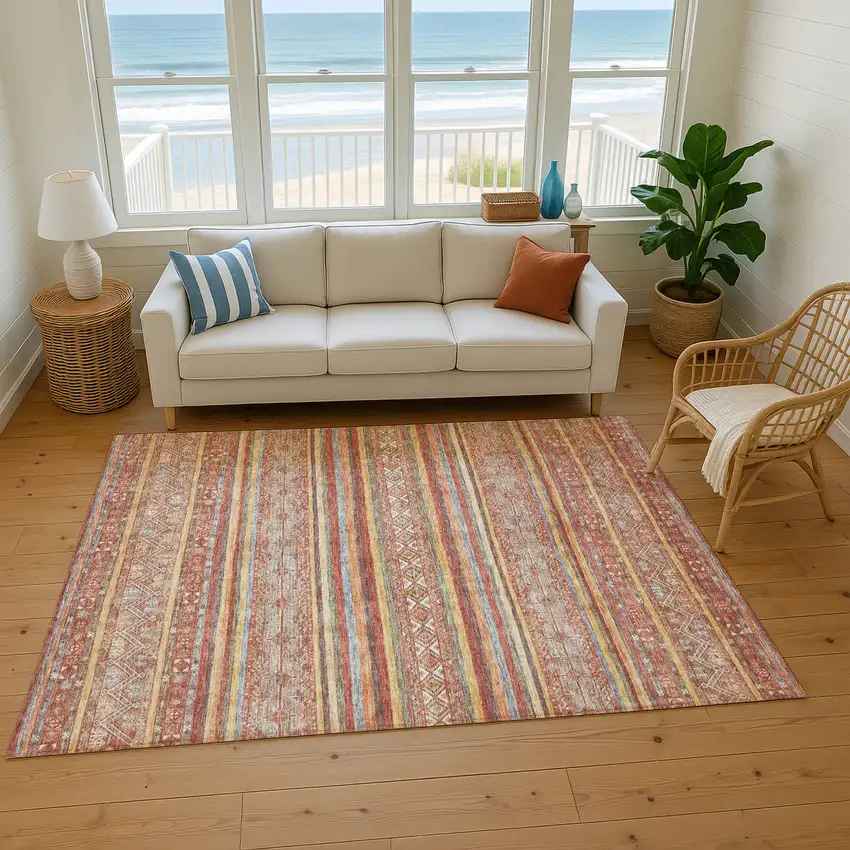 Rust Gold And Gray Striped Washable Area Rug With UV Protection Photo 1