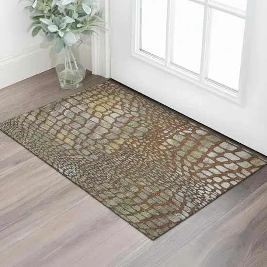 Rust Gold And Green Abstract Geometric Washable Area Rug With UV Protection Photo 2