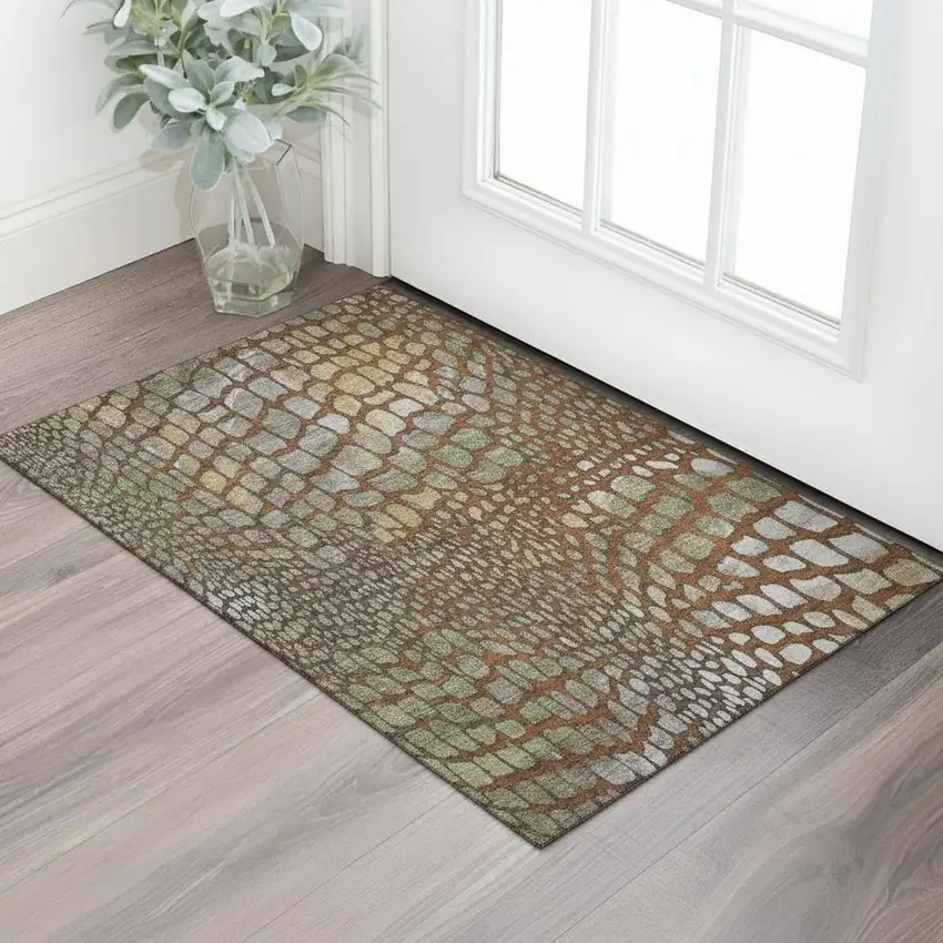 Rust Gold And Green Abstract Geometric Washable Area Rug With UV Protection Photo 2