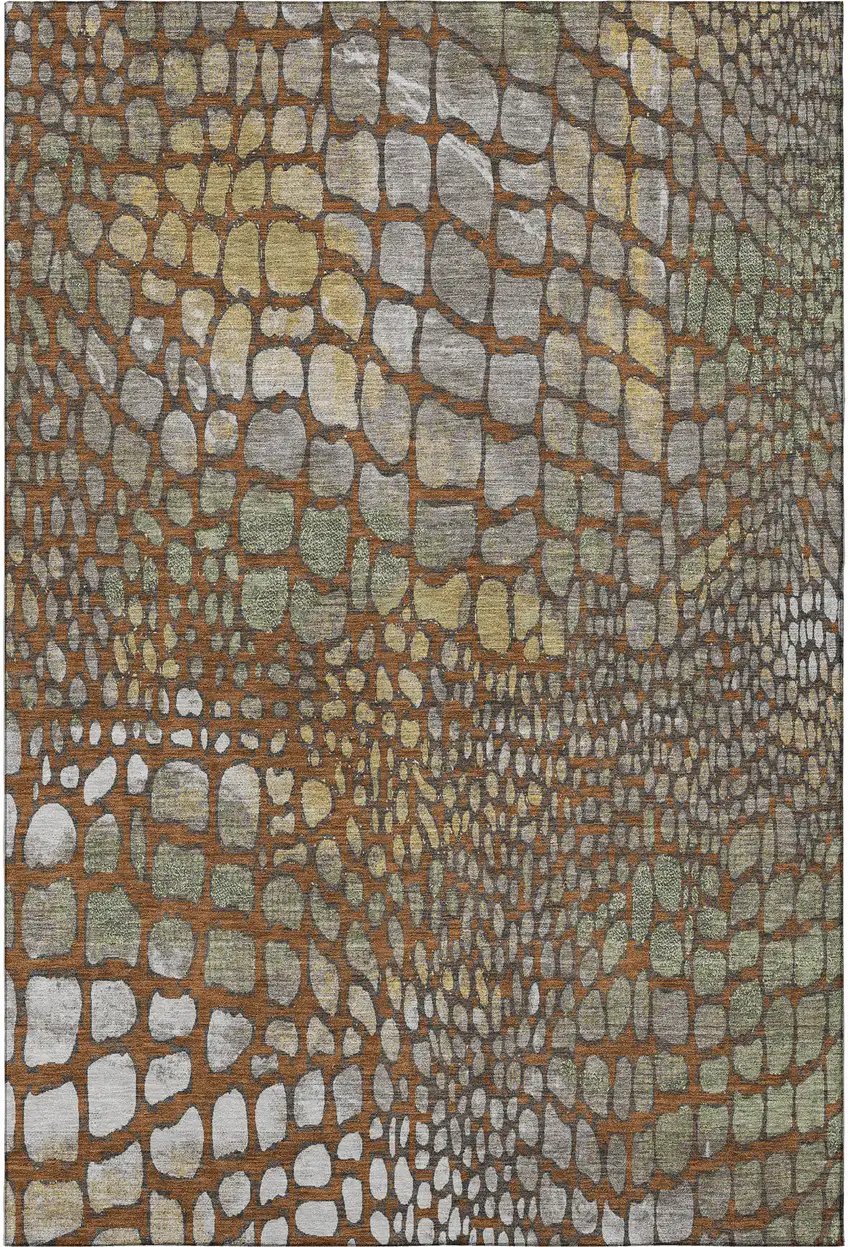 Rust Gold And Green Abstract Geometric Washable Area Rug With UV Protection Photo 3