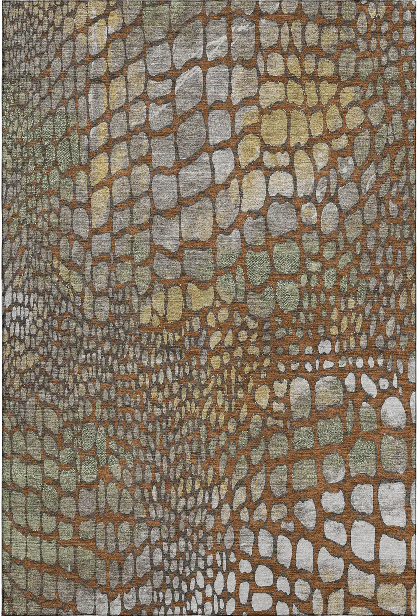 Rust Gold And Green Abstract Geometric Washable Area Rug With UV Protection Photo 1