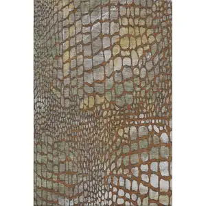 Photo of Rust Gold And Green Abstract Geometric Washable Area Rug With UV Protection