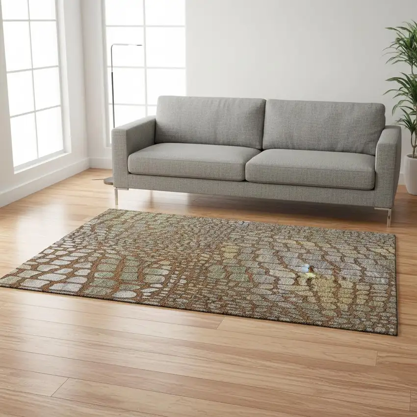 Rust Gold And Green Abstract Geometric Washable Area Rug With UV Protection Photo 2