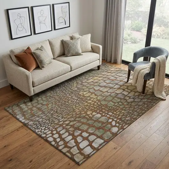 Rust Gold And Green Abstract Geometric Washable Area Rug With UV Protection Photo 1