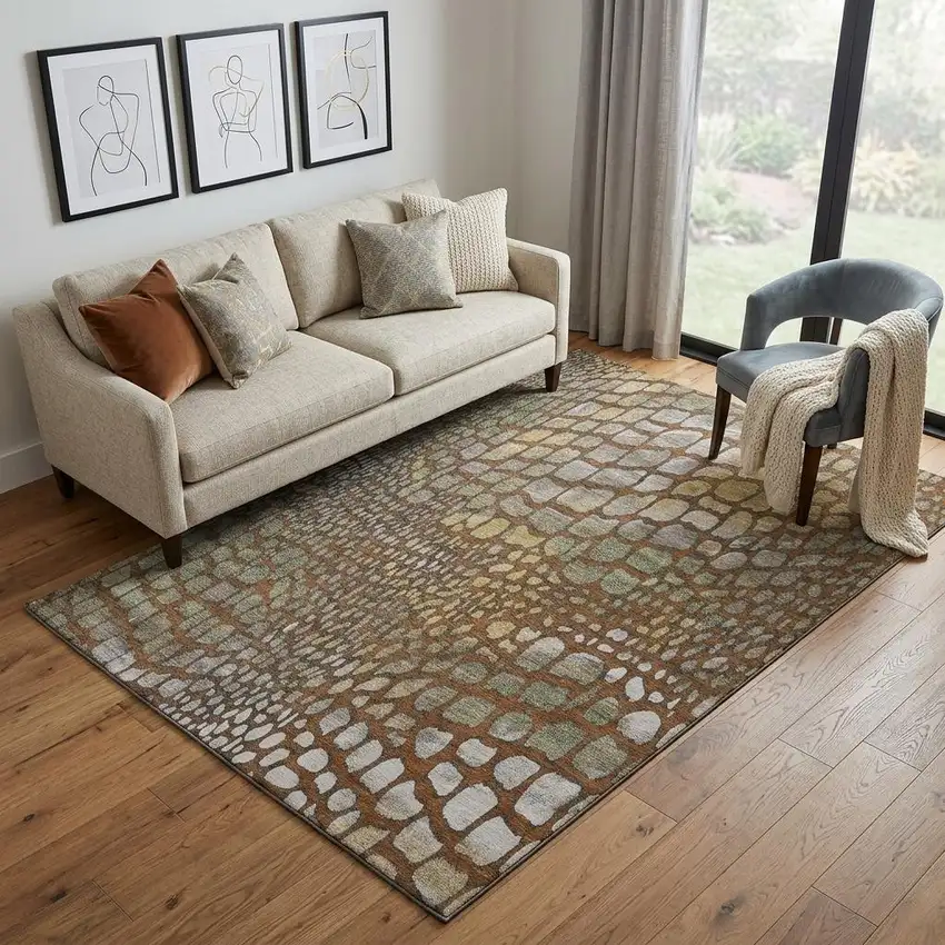 Rust Gold And Green Abstract Geometric Washable Area Rug With UV Protection Photo 1