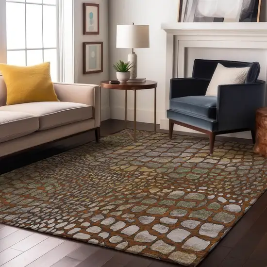 Rust Gold And Green Abstract Geometric Washable Area Rug With UV Protection Photo 4