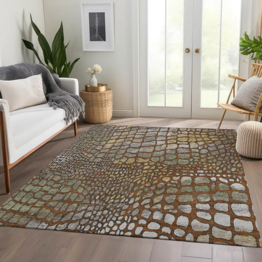 Rust Gold And Green Abstract Geometric Washable Area Rug With UV Protection Photo 5