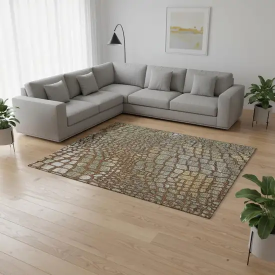 Rust Gold And Green Abstract Geometric Washable Area Rug With UV Protection Photo 2