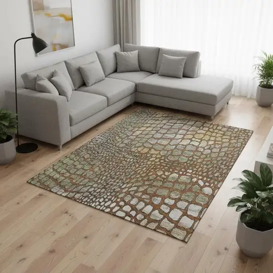Rust Gold And Green Abstract Geometric Washable Area Rug With UV Protection Photo 2