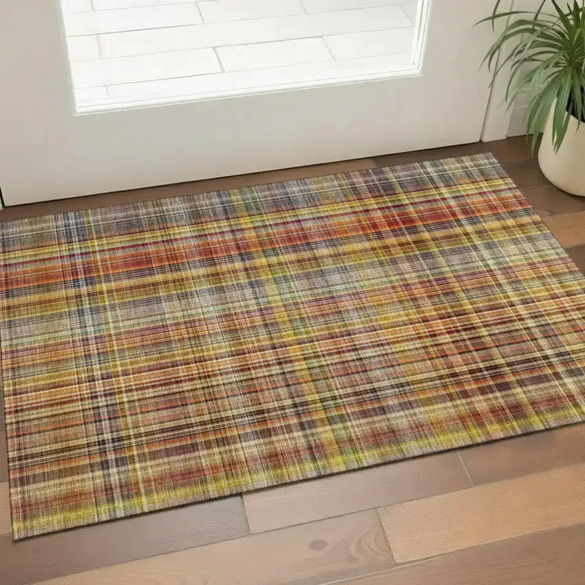 Rust Gold And Green Plaid Washable Area Rug With UV Protection Photo 1
