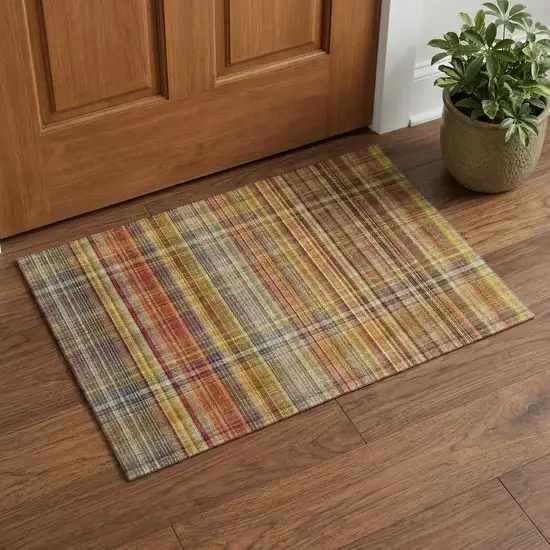 Rust Gold And Green Plaid Washable Area Rug With UV Protection Photo 1