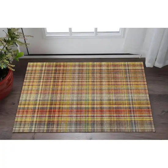 Rust Gold And Green Plaid Washable Area Rug With UV Protection Photo 2