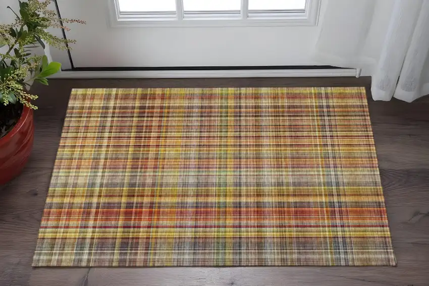 Rust Gold And Green Plaid Washable Area Rug With UV Protection Photo 2