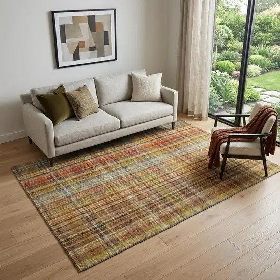 Rust Gold And Green Plaid Washable Area Rug With UV Protection Photo 1