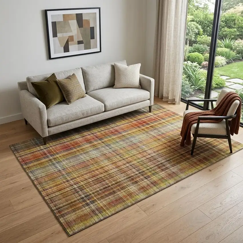 Rust Gold And Green Plaid Washable Area Rug With UV Protection Photo 1