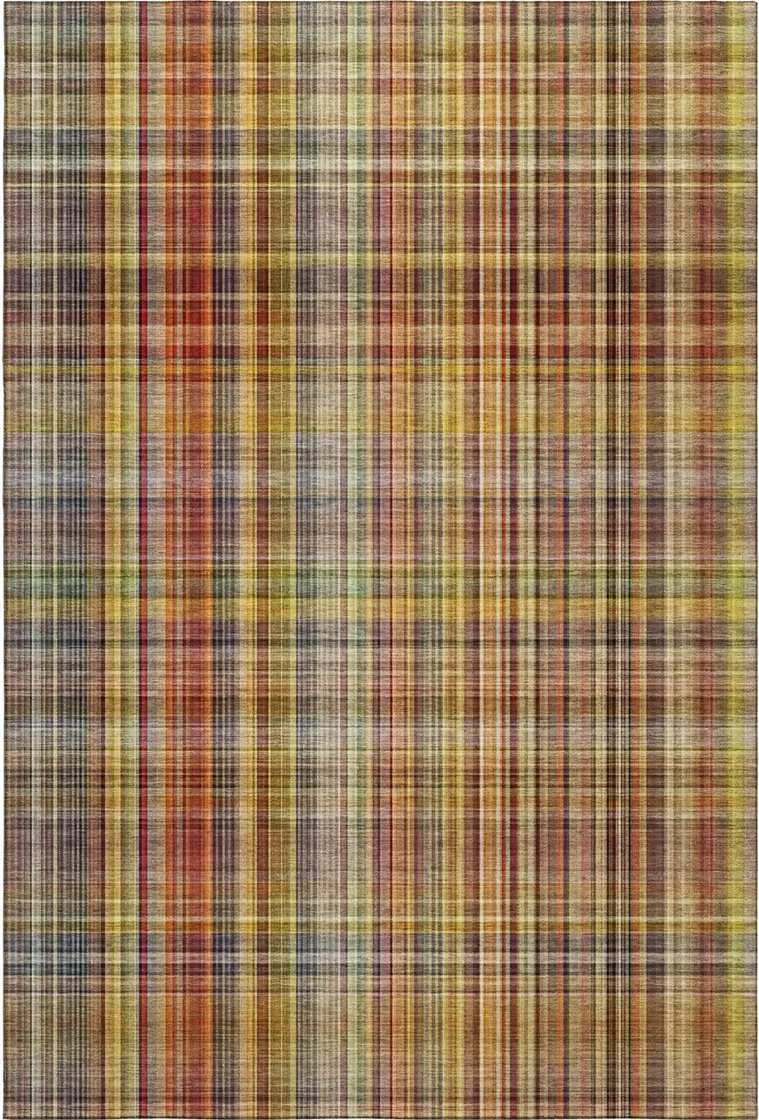 Rust Gold And Green Plaid Washable Area Rug With UV Protection Photo 1