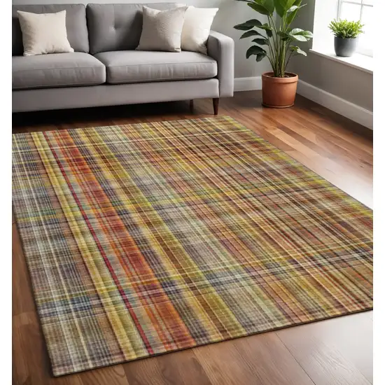 Rust Gold And Green Plaid Washable Area Rug With UV Protection Photo 2