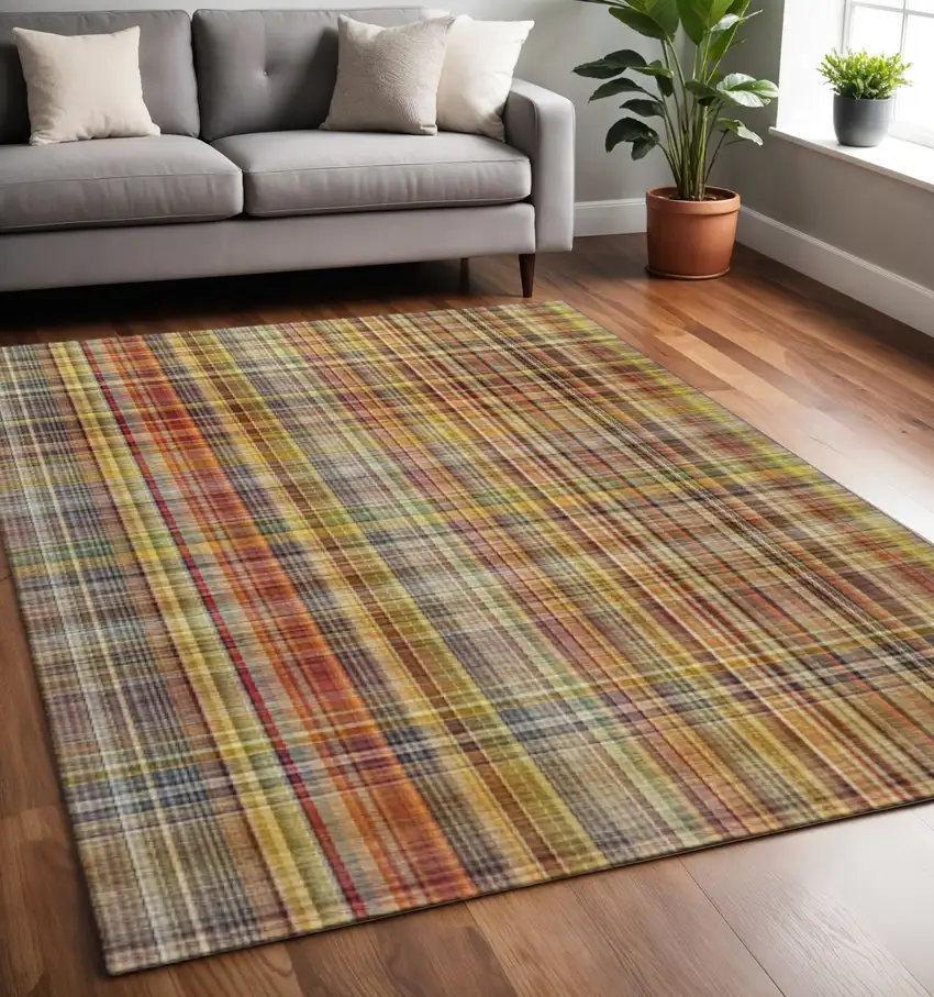 Rust Gold And Green Plaid Washable Area Rug With UV Protection Photo 2