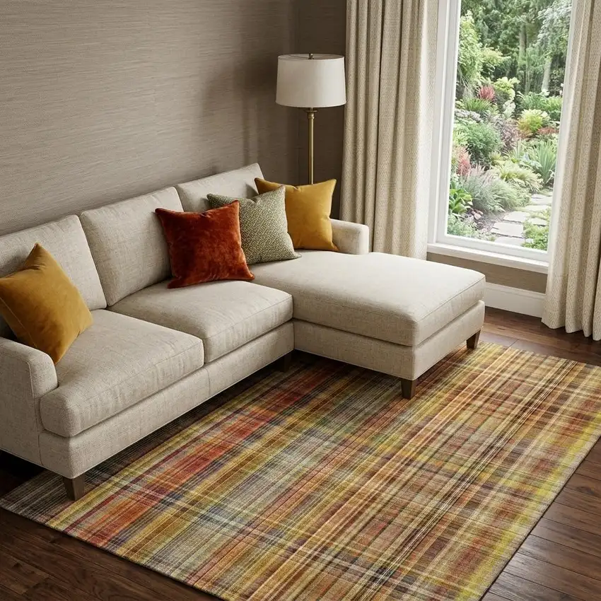 Rust Gold And Green Plaid Washable Area Rug With UV Protection Photo 1