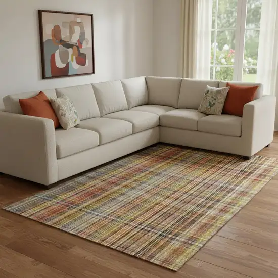 Rust Gold And Green Plaid Washable Area Rug With UV Protection Photo 1