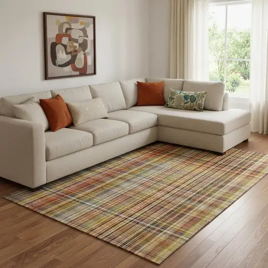 Rust Gold And Green Plaid Washable Area Rug With UV Protection Photo 1