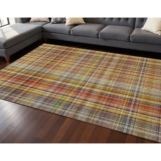 Rust Gold And Green Plaid Washable Area Rug With UV Protection Photo 2