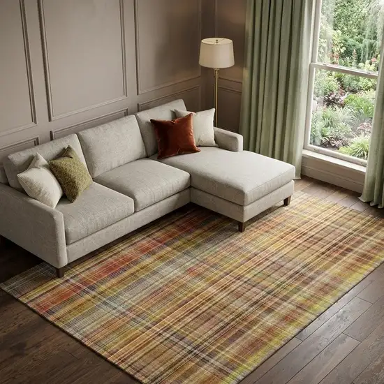 Rust Gold And Green Plaid Washable Area Rug With UV Protection Photo 1
